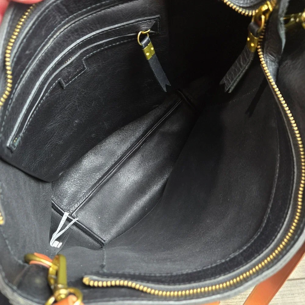 Madewell The Zip-Top Medium Transport Tote Black Leather Gold Monogram LB AE189
